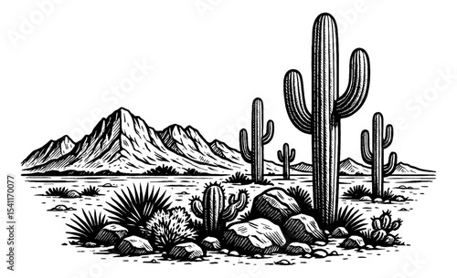 Black and White Engraving of a Desert Landscape with Cacti and Mountains