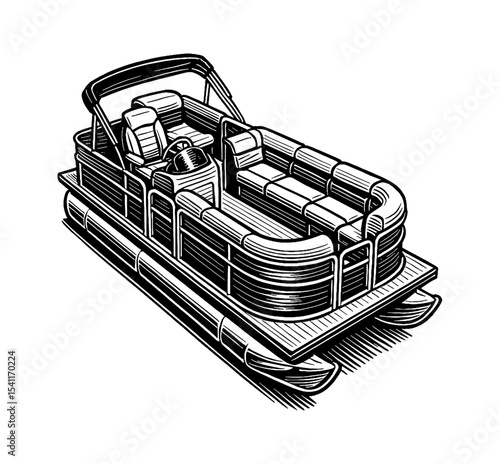 Illustration of a Pontoon Boat with Canopy and Seating in Black and White Line Art