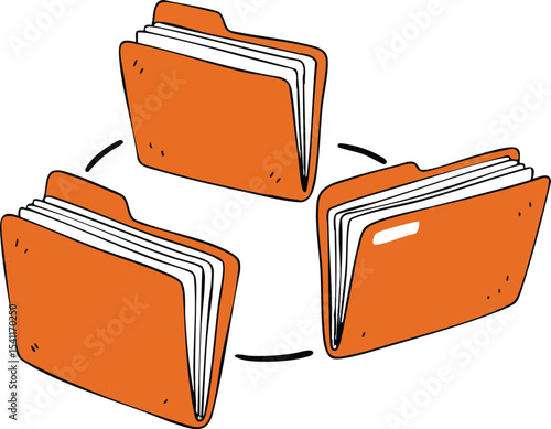 Orange file folders connected in circular arrangement for data sharing and organization vector illustration 
