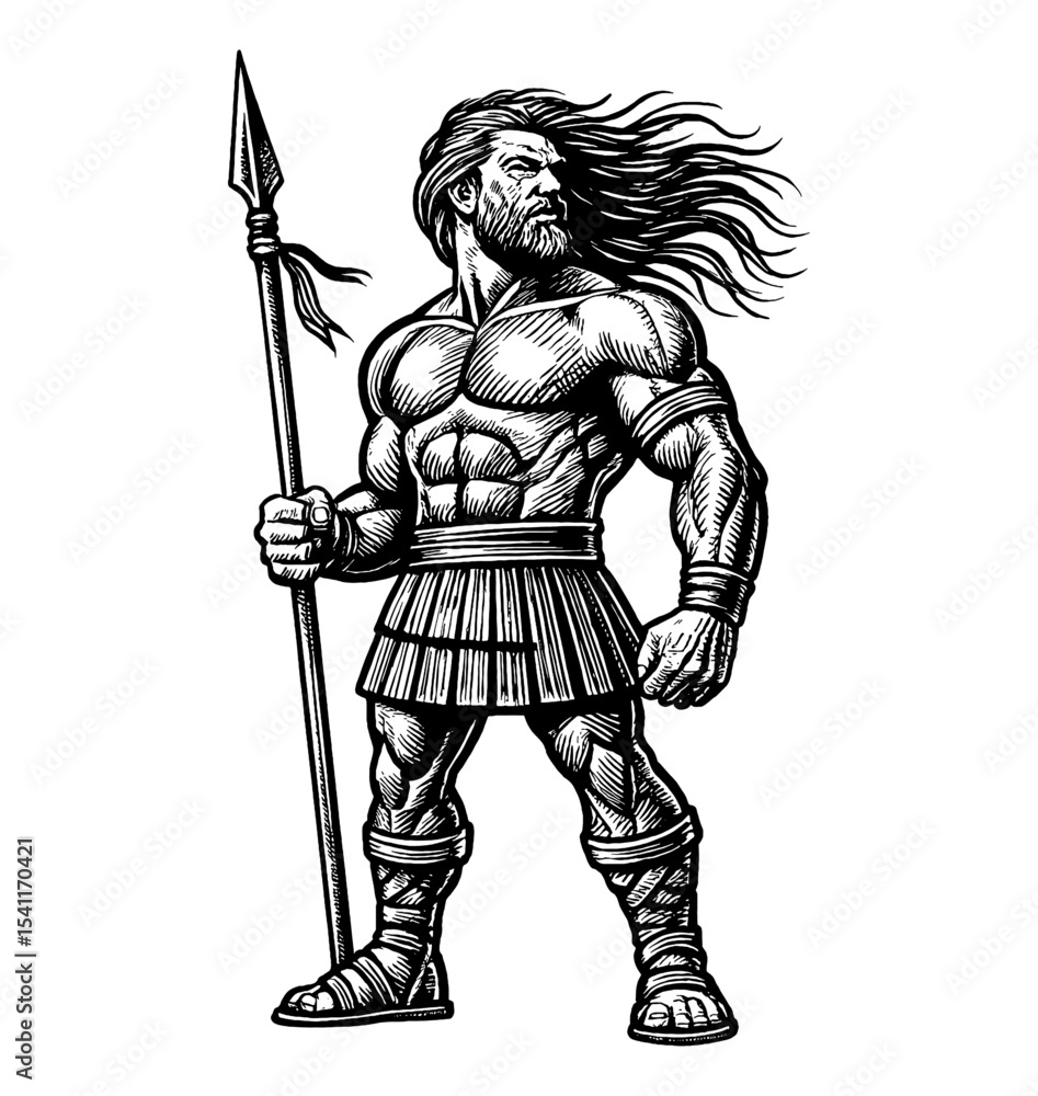 Obraz premium Strong Muscular Caucasian Warrior Holding Spear in Black and White Engraving Style Art