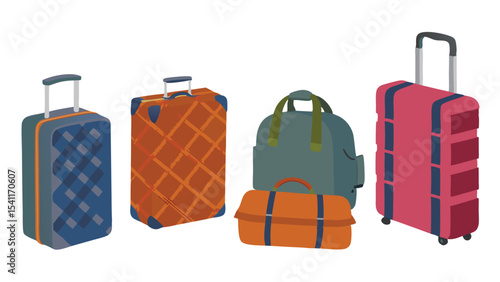 Illustration of four pieces of luggage including suitcases and duffel bags ready for travel trip