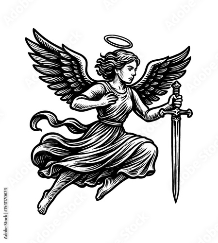 Black and white illustration of a flying angel holding a sword with halo and wings