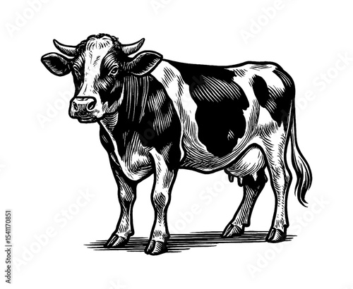 Black and white vector illustration of a standing cow, side view, domestic farm animal