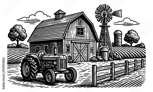 Farm scene with barn, tractor, windmill, silo, and field in detailed engraving style