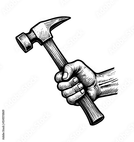 Hand Holding a Hammer in Engraving Style, Black and White, Close-up of Hand Gripping Tool