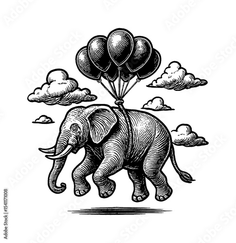 Elephant flying with balloons in the sky surrounded by clouds engraving style illustration