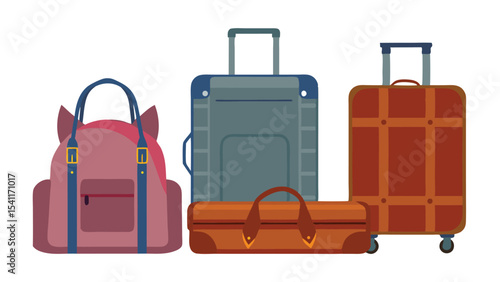 Illustration of a collection of luggage including a duffel bag and rolling suitcases on a white background