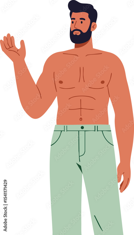 Fototapeta premium Shirtless muscular man with beard waving hand casual gesture vector illustration