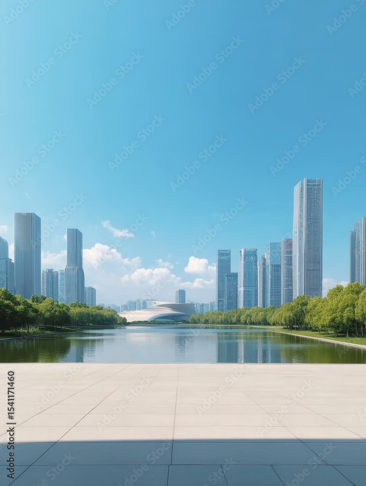 Fototapeta premium Modern Cityscape with Reflective Water and Greenery
