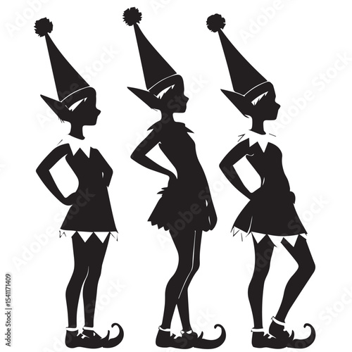Three christmas elf silhouettes in festive poses