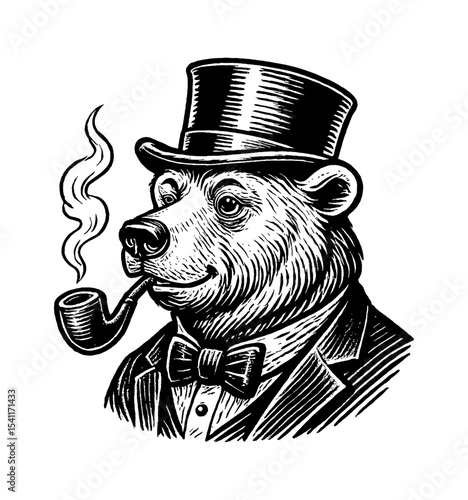 Portrait of Bear in Suit, Bowtie and Top Hat Smoking Pipe with Vintage Engraved Illustration Style
