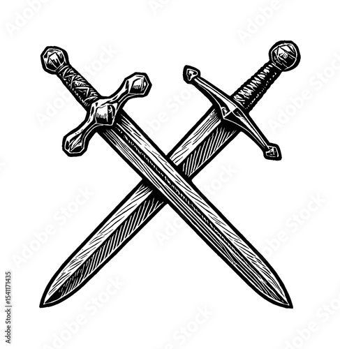 Two Swords Crossed Black and White Detailed Engraving Art Style Illustration