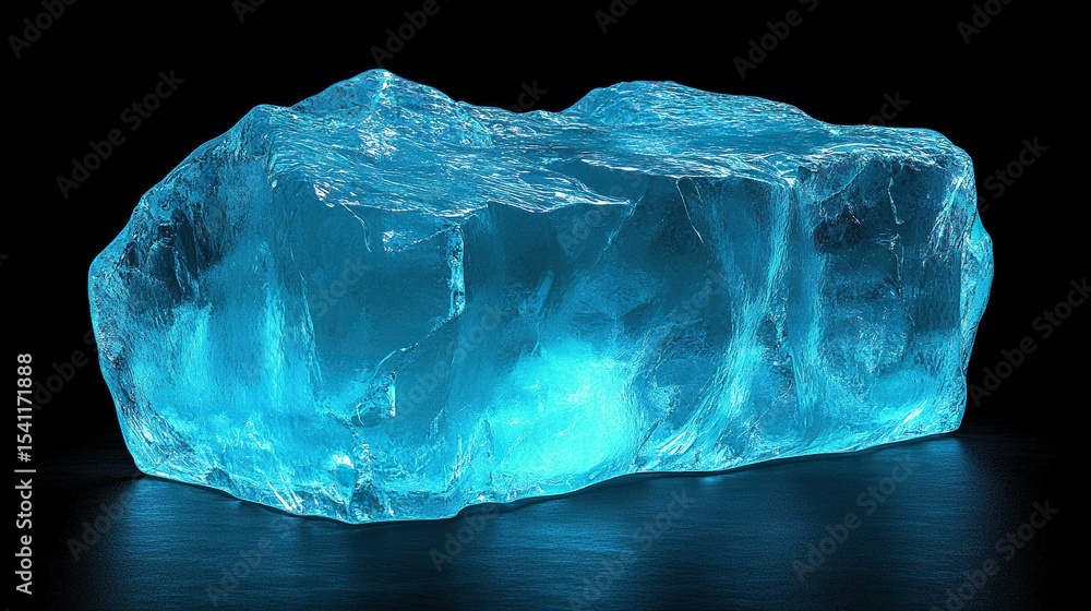 Fototapeta premium Glowing blue ice block, dark background, studio shot, product display