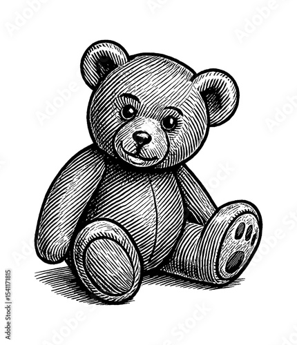 Engraved Illustration of a Teddy Bear Sitting and Smiling with Detailed Lines