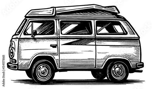 Detailed Line Art of Camper Van Illustration with Pop-Top Roof, Black and White