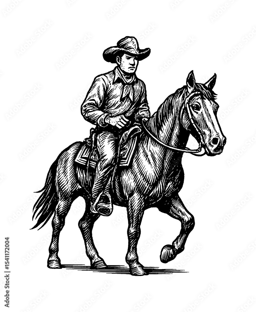 Naklejka premium Vintage Engraving of a Caucasian Cowboy Riding a Horse in Detailed Black and White Style