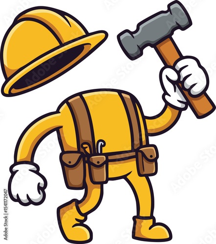 Construction worker character holding hammer with safety helmet and tool belt vector illustration in cartoon style 