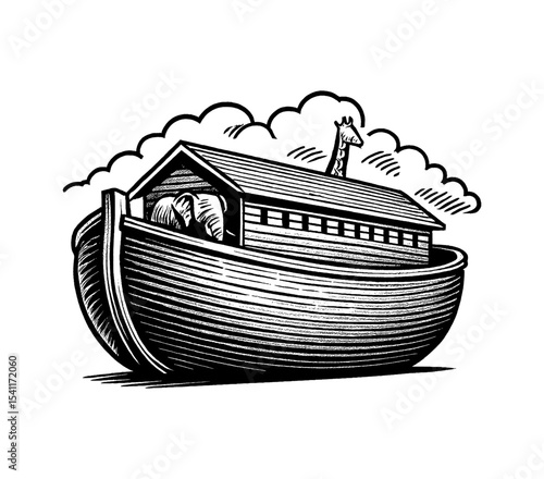Noah's Ark with Giraffe and Elephant in Engraving Style, Black and White Woodcut Illustration