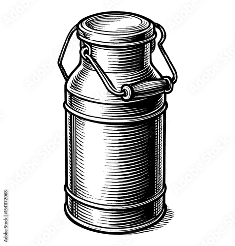 Engraved Illustration of Milk Can with Handle and Lid in Black and White