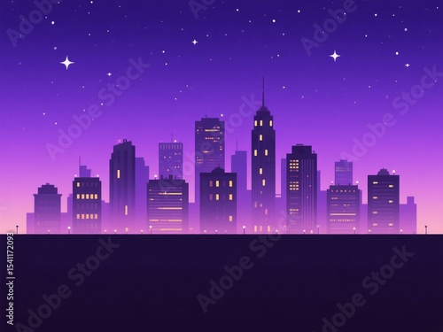 Cityscape at Night with Purple Sky and Stars