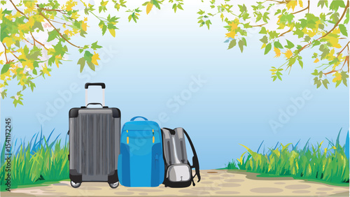 Suitcase and backpacks on a path with foliage overhead against a light blue sky backdrop illustration
