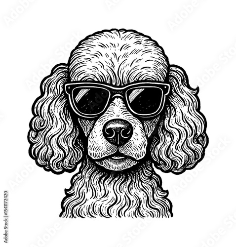 Dog portrait illustration of a poodle wearing sunglasses in black and white line art