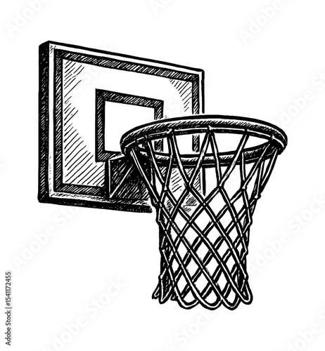 Detailed Pen and Ink Drawing of Basketball Hoop and Net with Backboard Isolated on White