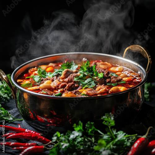 Hearty hot chili con carne with beef vegetables and rice in a bowl