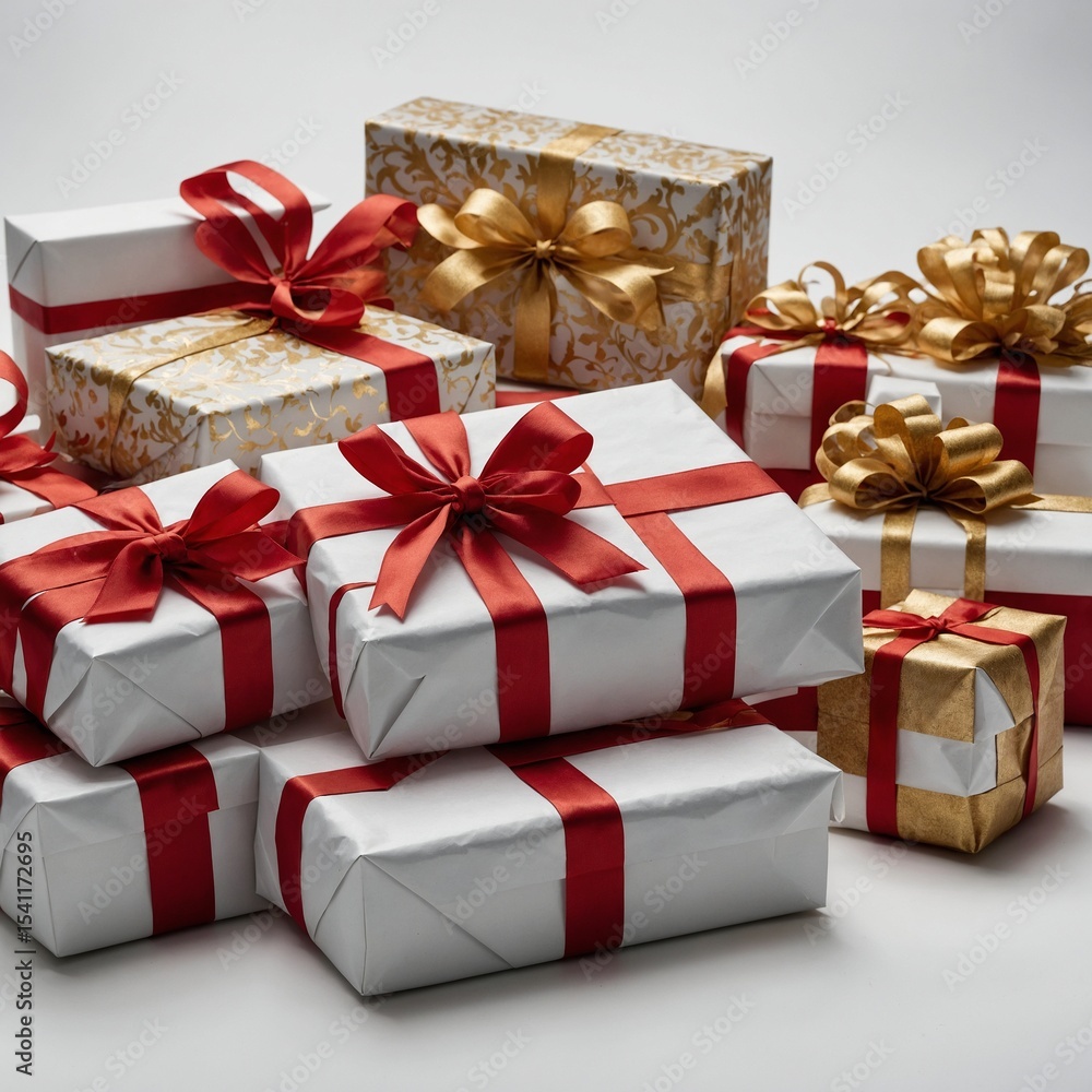 Obraz premium A collection of red and white gift wrapped presents with a red and gold ribbon bows isolated against a transparent background. 