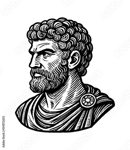 Engraved Portrait of a Roman Man with Beard and Curly Hair in Detailed Black and White
