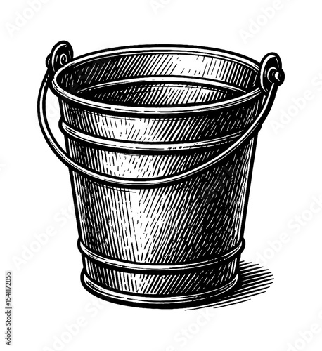 Detailed Vintage Illustration of Empty Metal Bucket with Handle on White Background