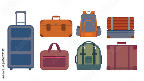 Illustration of various types of luggage including suitcases backpacks and duffel bags arranged in two rows