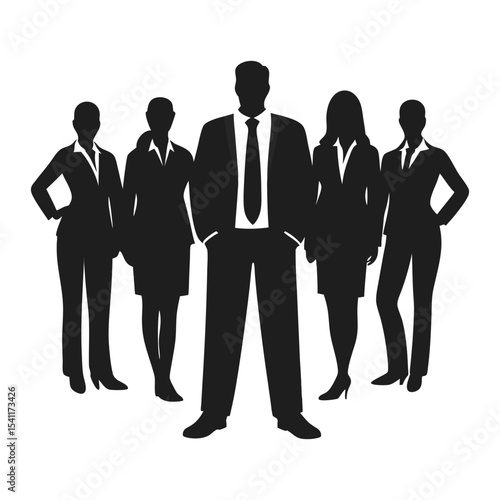 A group of business people silhouettes stands together, a diverse team of men and women in suits representing success and teamwork Team collaboration silhouette icon illustration vector