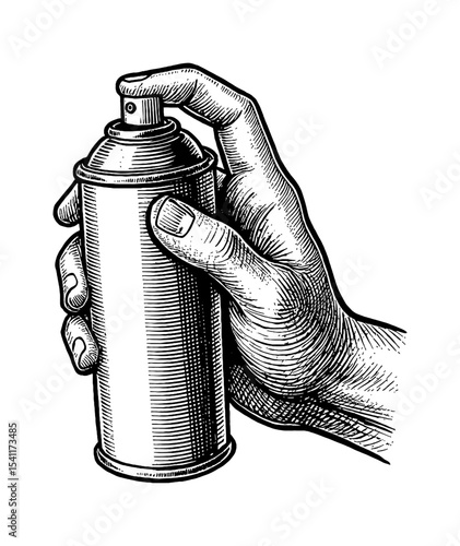 Hand holding a spray can ready to spray in vintage engraved illustration black and white