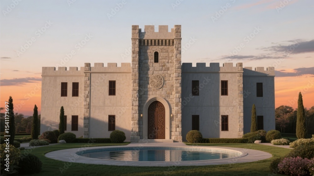 Fototapeta premium Medieval-style castle with a central tower, surrounded by a landscaped garden and a circular pool at sunset.