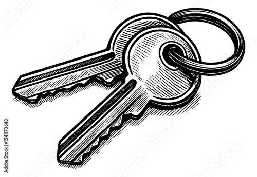 Illustration of Two Keys with a Keyring in Black and White Detailed Engraved Style
