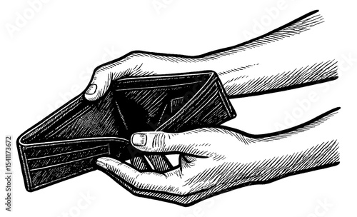 Illustration of hands holding an empty wallet, financial trouble concept, no money, loss