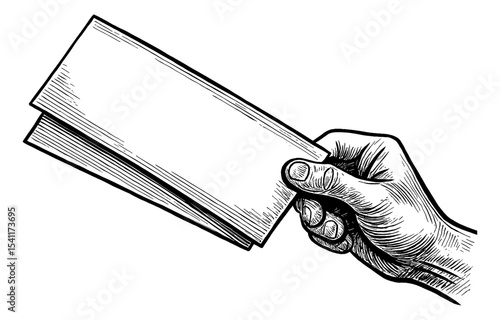 Hand Holding Blank Paper or Document in Engraved Style Black and White