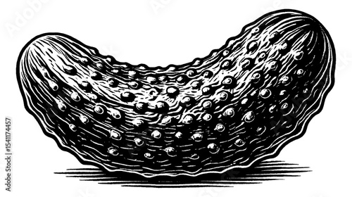 Detailed Black and White Engraving of a Pickled Cucumber on a White Background