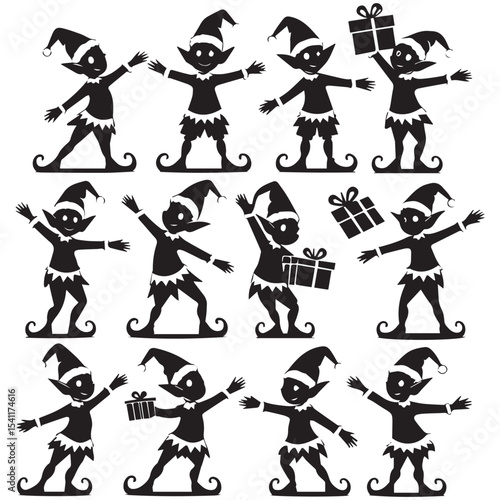 Twelve black silhouettes of christmas elves in various poses