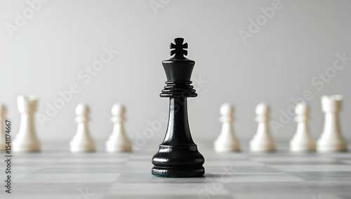 Black chess king surrounded by white pawns