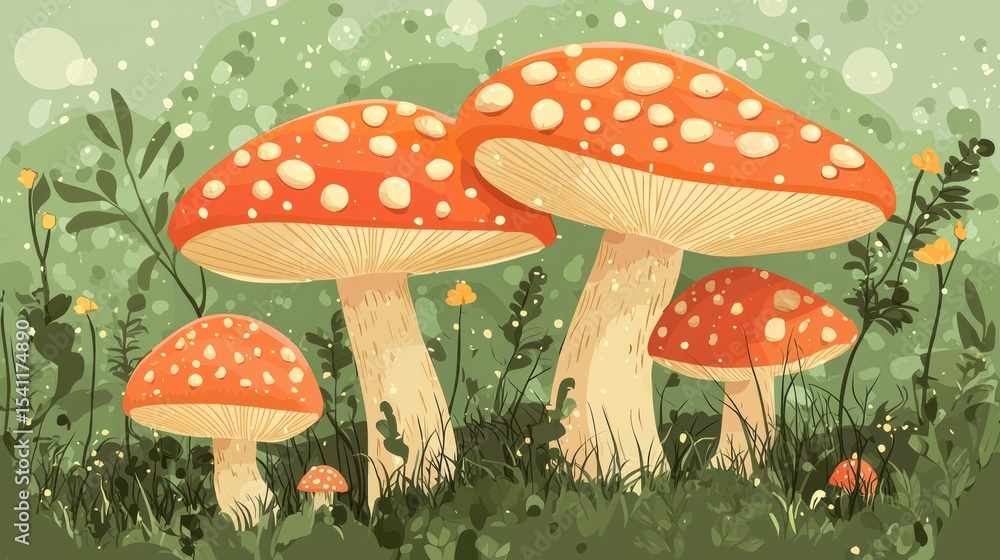 Obraz premium Three mushrooms with white spots on a green background