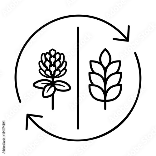 Crop rotation icon: red clover + wheat. Sustainable farming, soil health, cover crops, agriculture and food systems. Vector illustration.