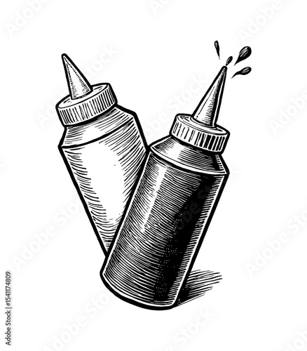 Engraved Illustration of Two Condiment Bottles, One Squeezing out a Drop