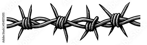 Detailed Black and White Illustration of Barbed Wire with Sharp Spikes in Fence Design