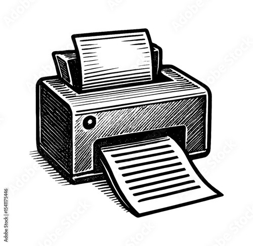 Illustration of a Printer Printing Documents in Black and White Detailed Style