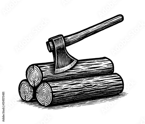 Axe and Logs Black and White Woodcut Style Illustration of Firewood