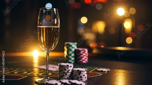 In a dimly lit casino, a glass of sparkling champagne stands prominently on a table adorned with stacks of poker chips