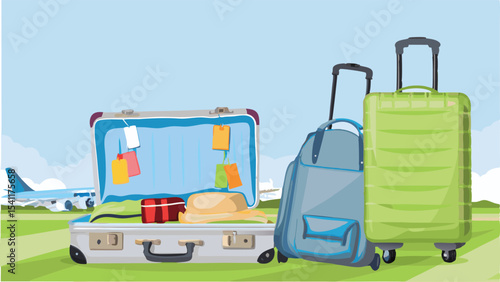Illustration of luggage including open suitcase, backpack, and rolling suitcase at the airport scene