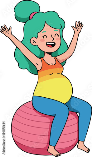 Pregnant woman exercising on pink fitness ball with joyful expression and casual clothing vector illustration 